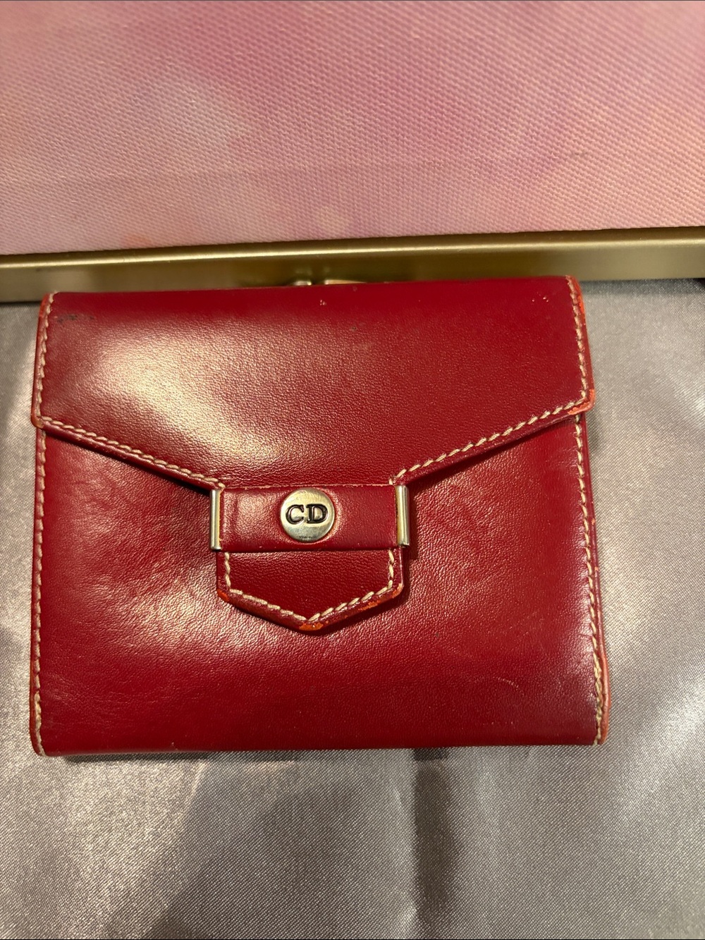 Christian Dior Red Leather Compact twist- lock Wallet with Gold-Tone Accents
